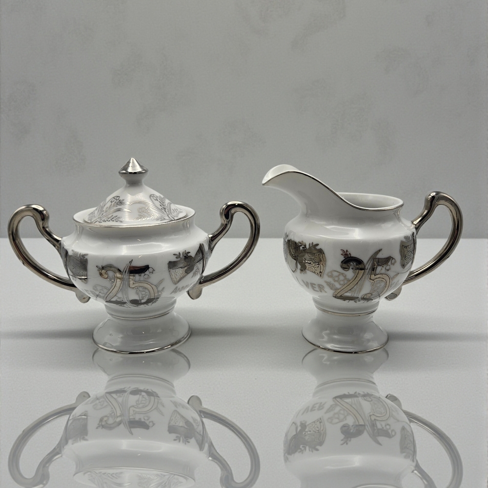 MCM Vintage Norcrest Fine China 25th Silver Anniversary Sugar & Creamer Set